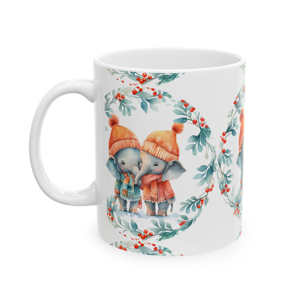 Elephant Friends Holiday Mug – Cute Winter Elephants in Knit Hats 11oz   Item #403381