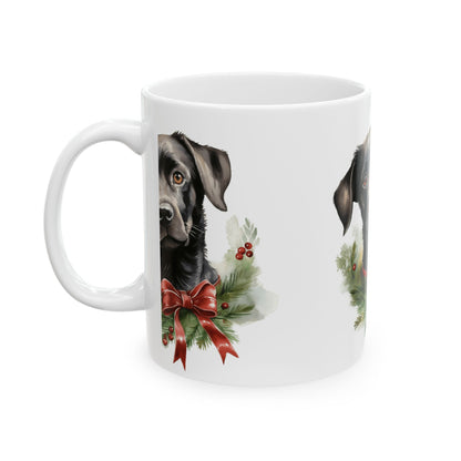 Black Lab Christmas Mug — Holiday Dog Wreath Ceramic Coffee Cup 11oz   Item #741427