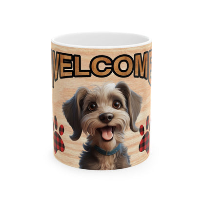 Welcome Dog Illustration Ceramic Mug – Cute Paw Print Coffee Cup 11oz    Item #305804
