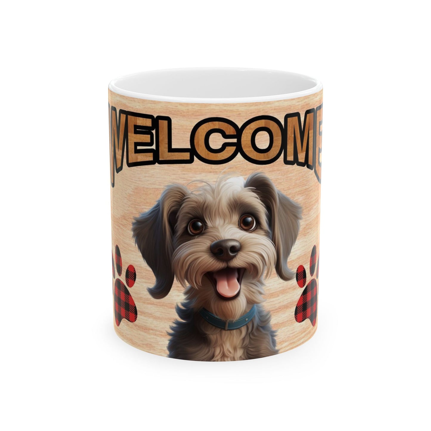 Welcome Dog Illustration Ceramic Mug – Cute Paw Print Coffee Cup 11oz    Item #460096