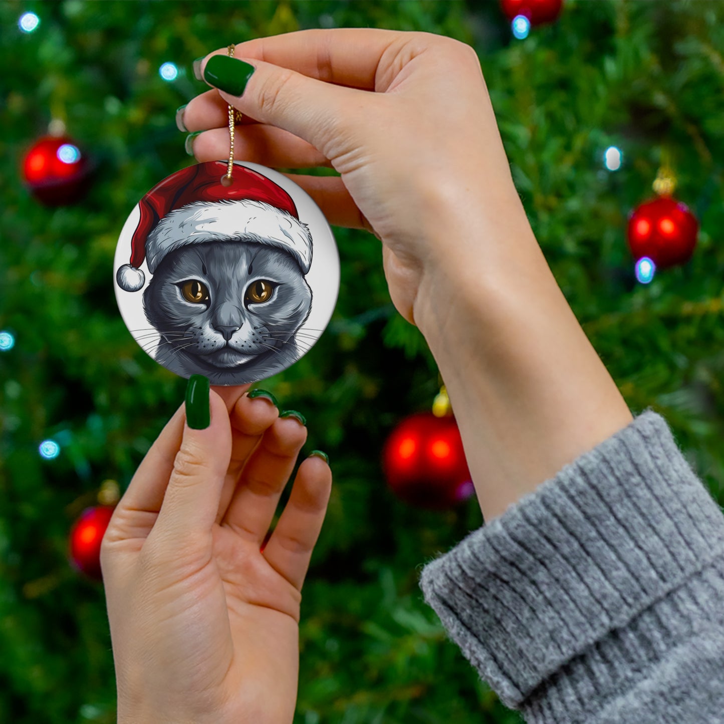 Russian Blue Cat With Santa Hat Ceramic Ornament     Item #5394006