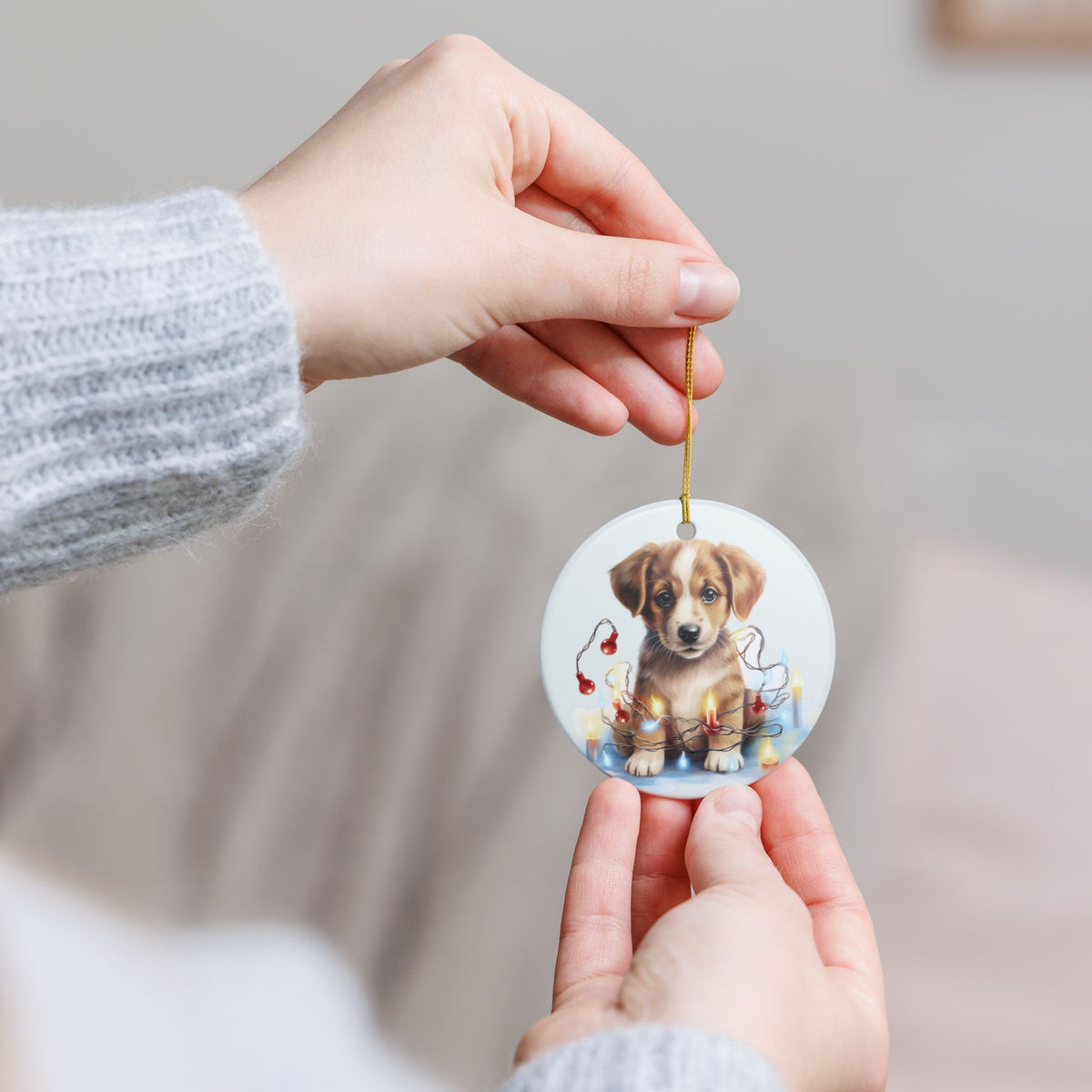 Adorable Puppy Christmas Lights Ceramic Ornament    Item #108784
