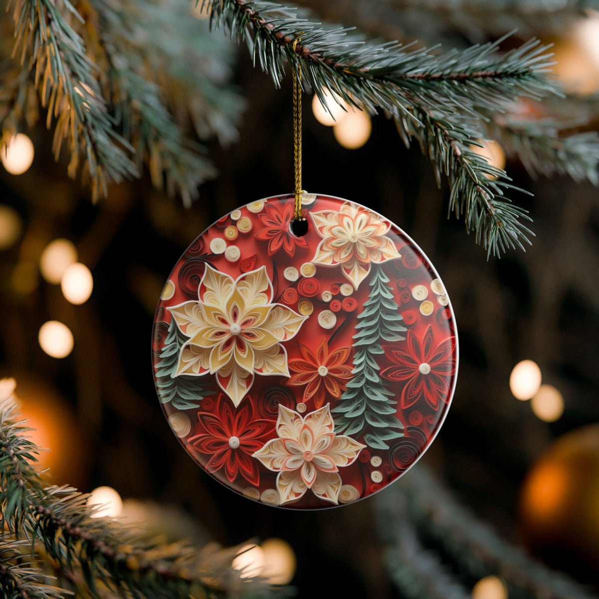 Floral Christmas Ornament – Red Poinsettia and Evergreen Ceramic Decoration   Item #969201
