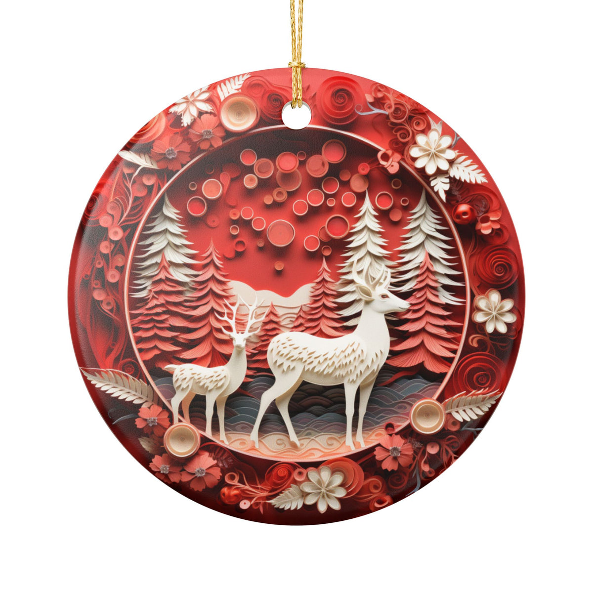 Ceramic Christmas Ornament, Red Winter Forest Deer Design    Item #101123