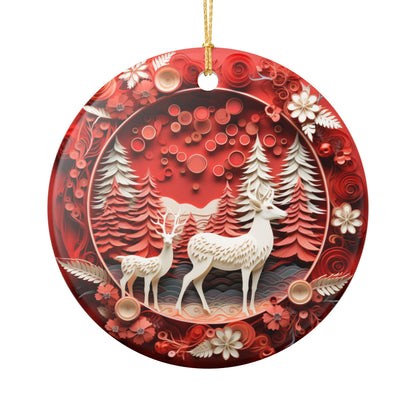 Ceramic Christmas Ornament, Red Winter Forest Deer Design    Item #101123