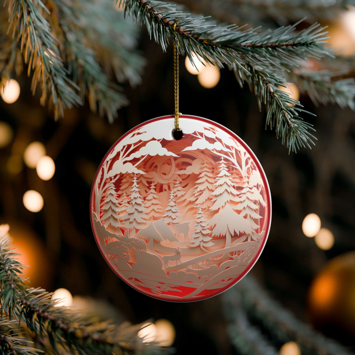 Red Ceramic Christmas Ornament with Forest Deer and Pine Trees   Item #941014