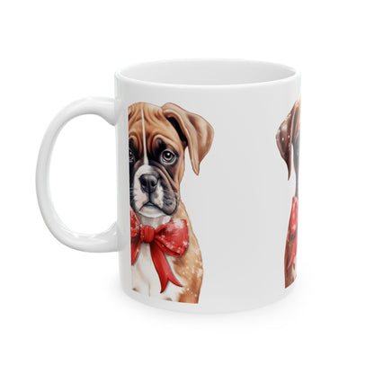 Boxer Puppy Mug with Red Bow – Cute Dog Ceramic Coffee Cup 11oz   Item #628427