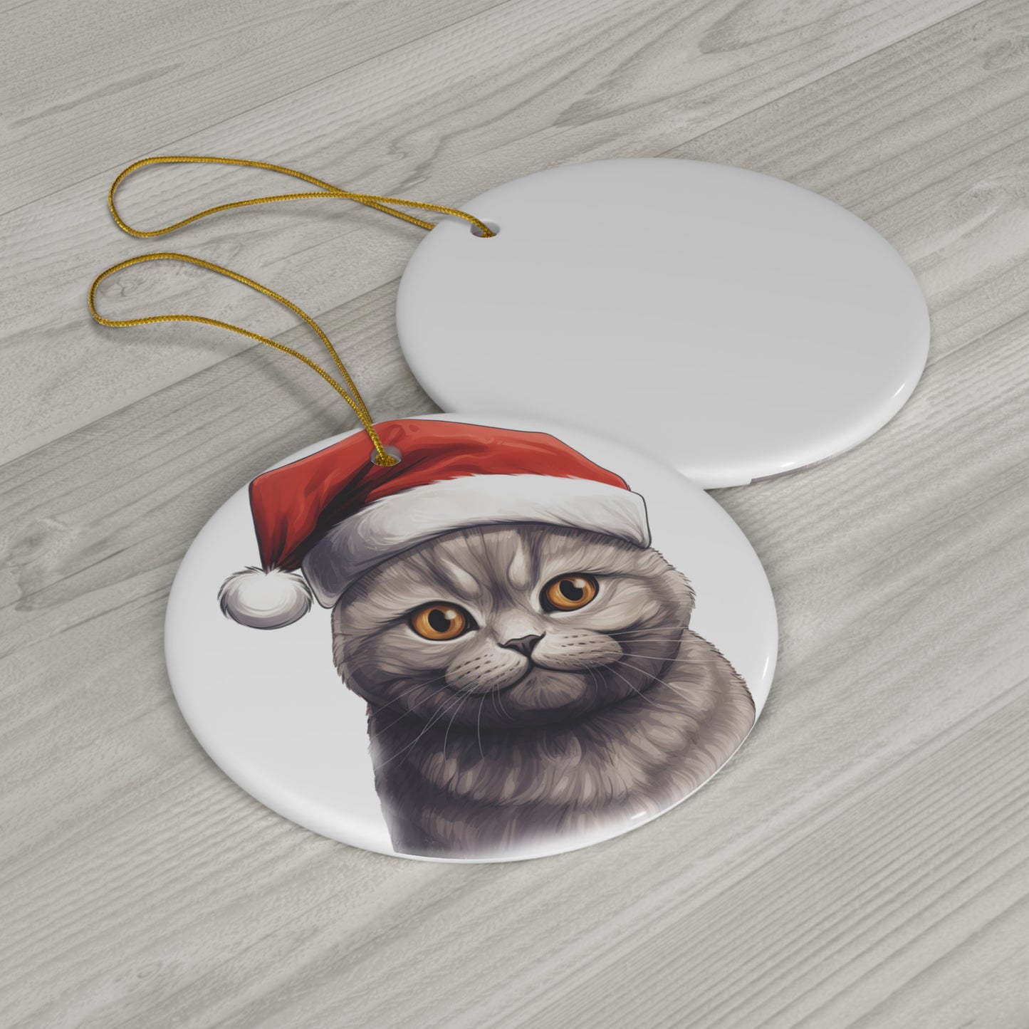 Scottish Fold Cat With Santa Hat Ceramic Ornament       Item #7068266