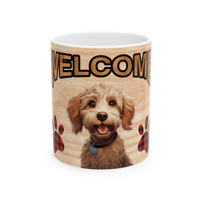 Welcome Puppy Ceramic Mug — Cute Dog Paw Plaid 11oz    Item #973326