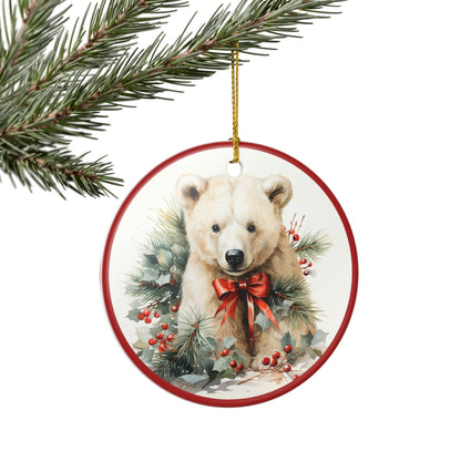 Ceramic Christmas Ornament – Polar Bear with Red Bow and Winter Greenery  Item #729052