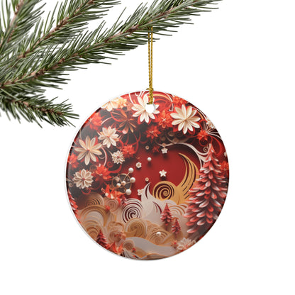 Red Floral Crescent Moon Ceramic Christmas Ornament   Item #11887