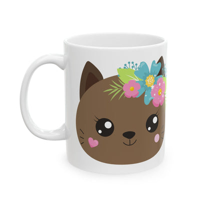 Cute Floral Cat Face Mug — Adorable Kawaii Coffee Cup 11oz    Item #149524