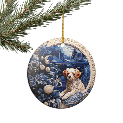 Ceramic Ornament with Puppy and Blue Floral Lakeside Scene   Item #793169