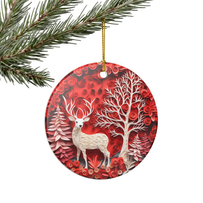 Ceramic Ornament – Red Winter Woodland Deer Christmas Tree Decoration   Item #901369