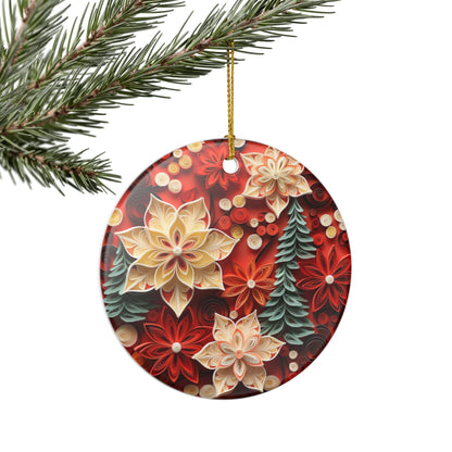 Floral Christmas Ornament – Red Poinsettia and Evergreen Ceramic Decoration   Item #969201