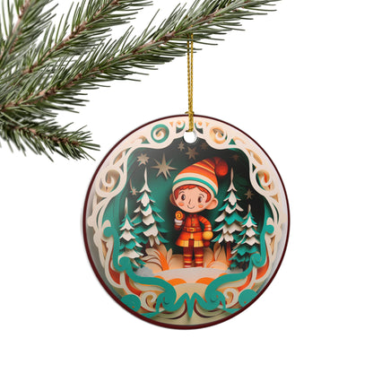 Ceramic Ornament – Whimsical Christmas Elf in Winter Wonderland   Item #117601