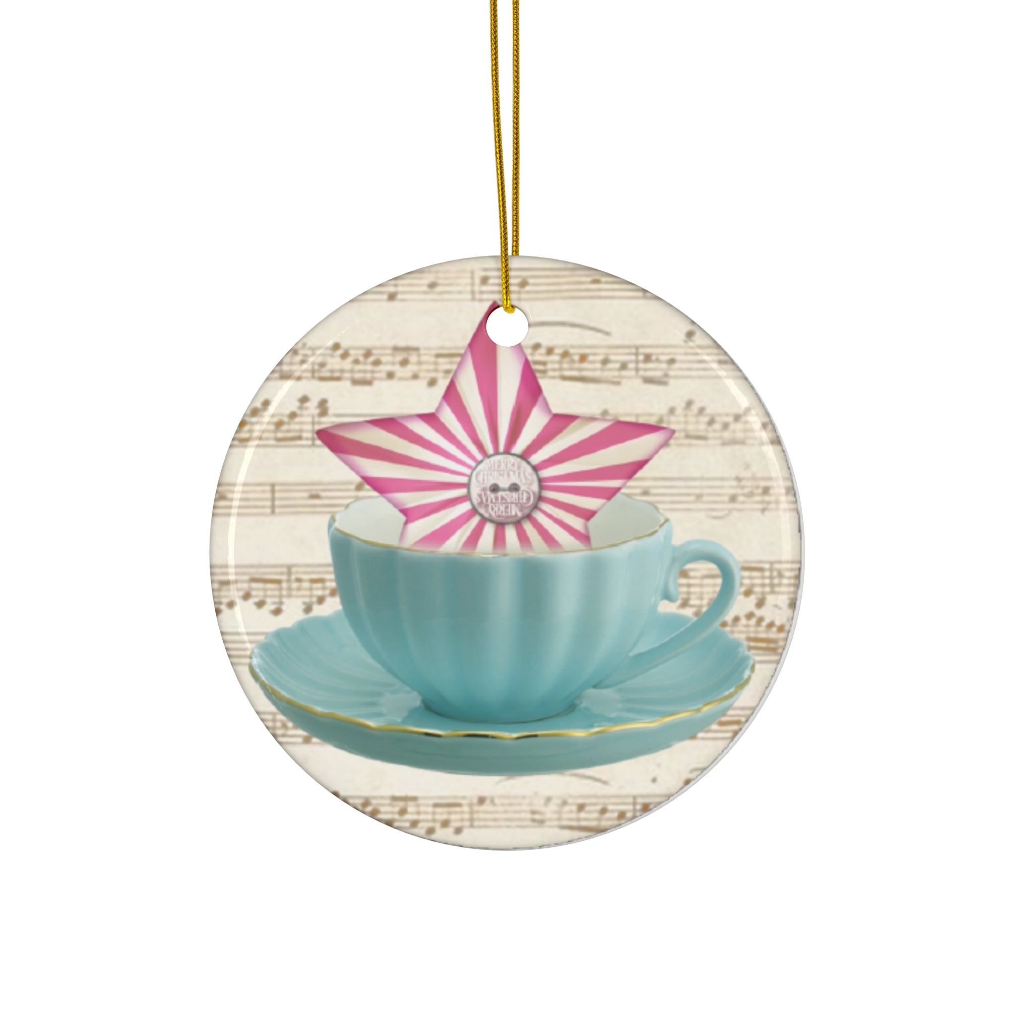 Christmas Tea Cup With Star Ceramic Disc Ornament           Item #2154883 - Buckshot's Bargain Barn