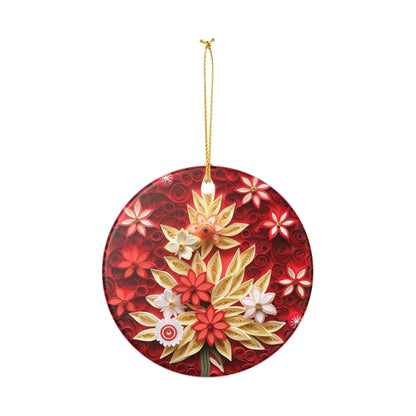 Red Floral Ceramic Christmas Ornament   Item #171096