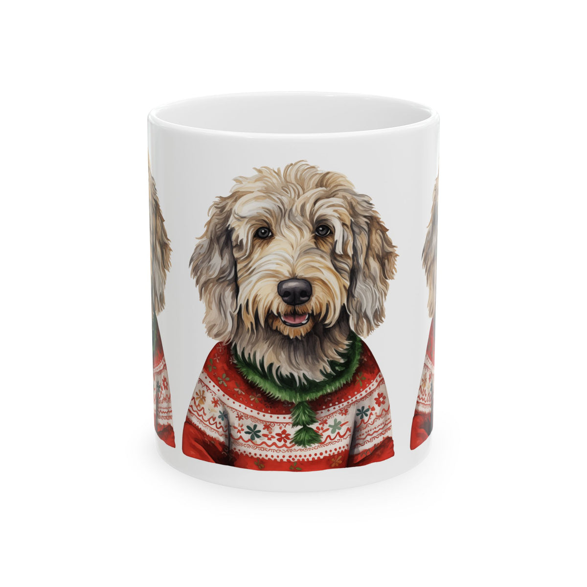 Dog in Christmas Sweater Mug — Cute Doodle Labradoodle Holiday Coffee Cup 11oz  Item #641519