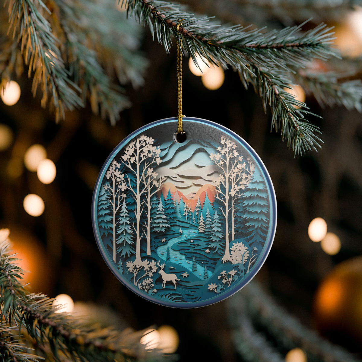 Ceramic Ornament – Mountain Forest River Wildlife Nature Decor   Item #80063