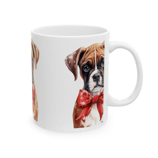 Boxer Puppy Mug with Red Bow – Cute Dog Ceramic Coffee Cup 11oz   Item #628427