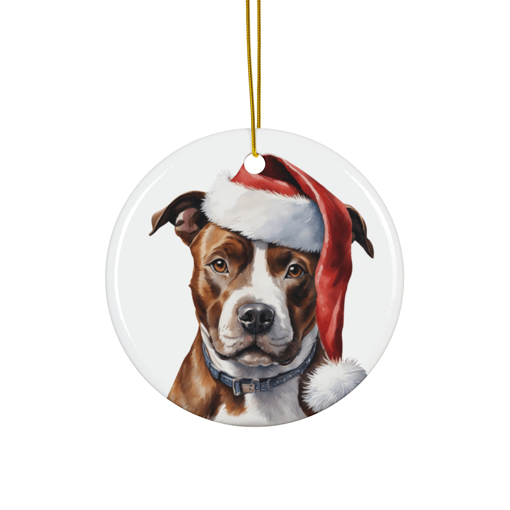 Stafford Bull Terrier Dog With Santa Hat Ceramic Disc Ornament       Item #7128648