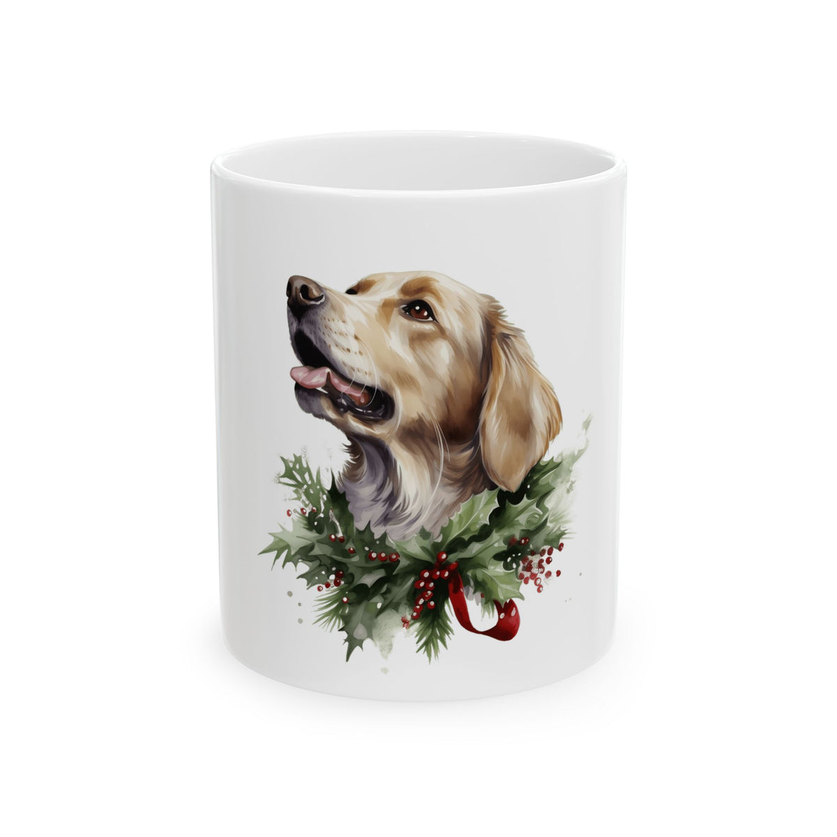 Golden Retriever Holiday Mug — Christmas Wreath Ceramic Coffee Cup 11oz   Item #957241