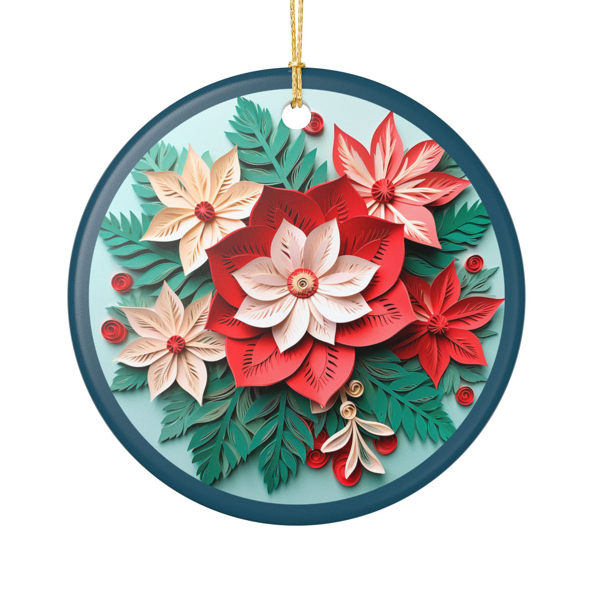 Ceramic Christmas Ornament with Colorful Poinsettia Floral Design   Item #610797