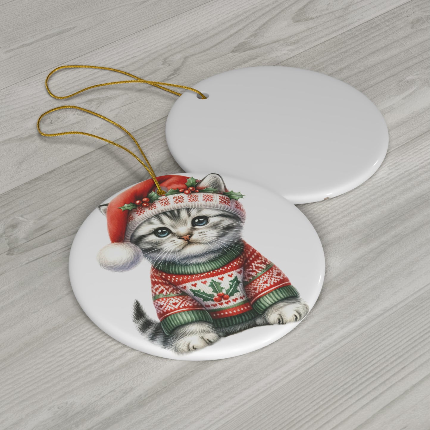 American Bobtail Christmas Kitten Ceramic Disc Ornament        Item #410804