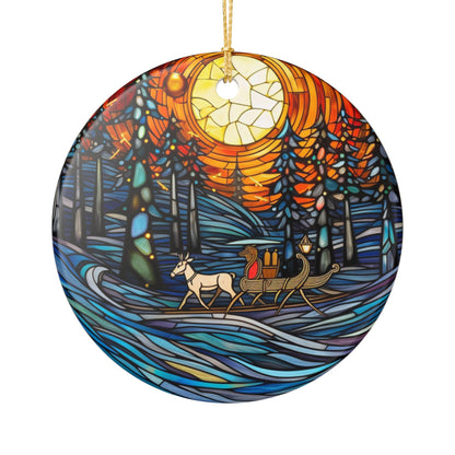 Ceramic Christmas Ornament – Stained Glass Winter Sleigh Ride Design   Item #301101