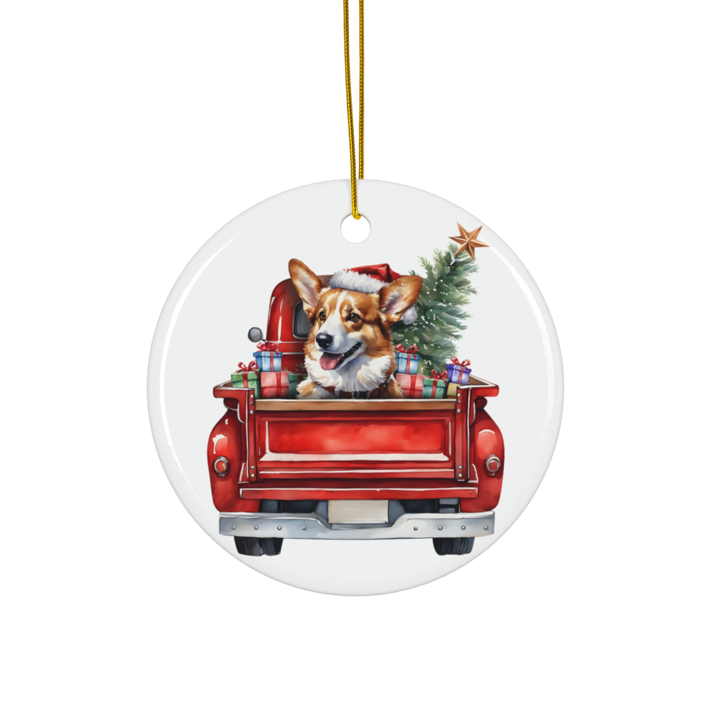 Pembroke Welsh Corgi Christmas Dog In Red Truck Ceramic Disc Ornament        Item #4304764