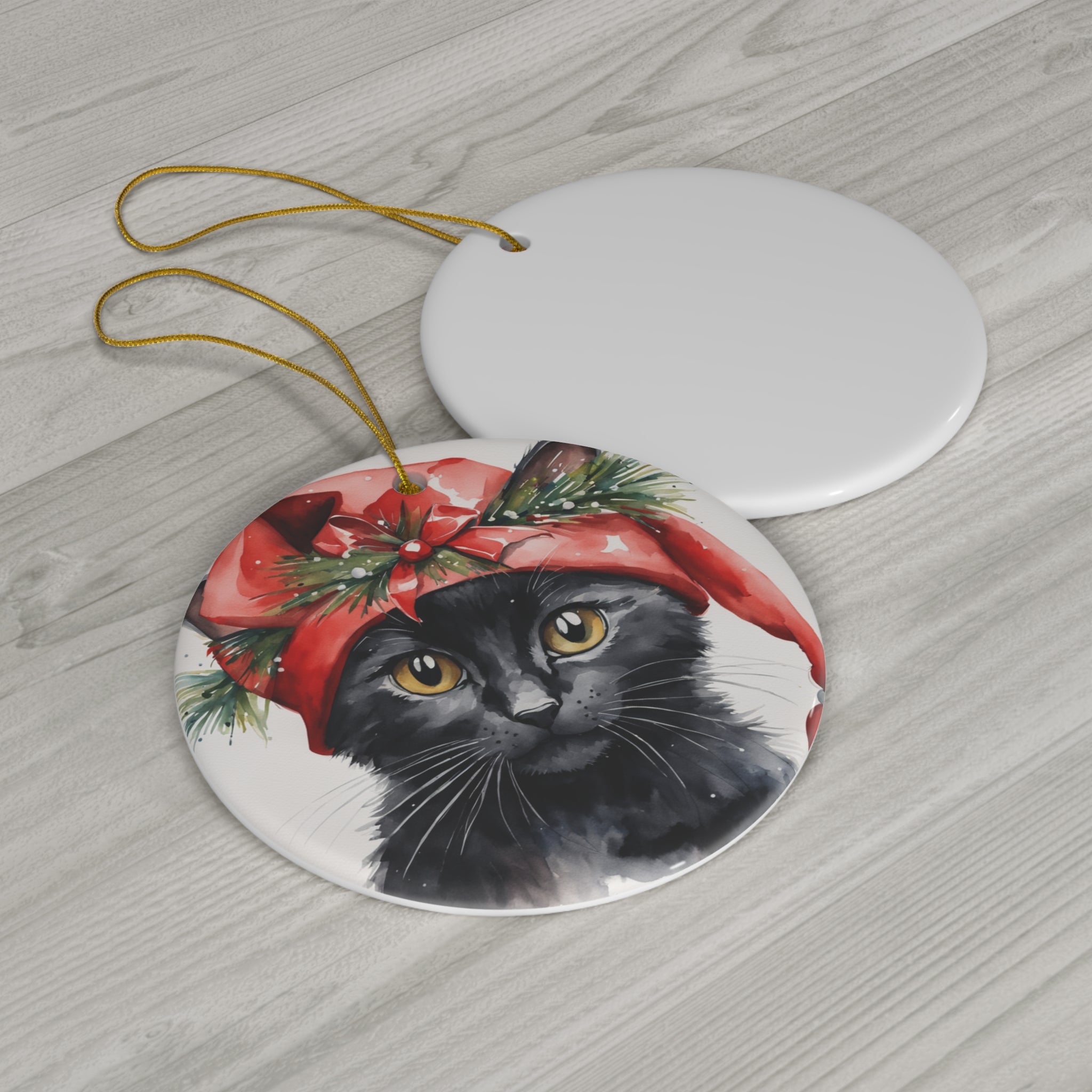 Christmas Cat Ceramic Disc Ornament        Item #5835477 - Buckshot's Bargain Barn