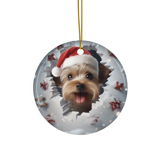 3D Dog With Santa Hat Breaking Out Ceramic Disc Ornament               Item #6111458