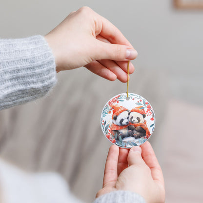 Ceramic Ornament with Cozy Panda Couple Winter Design   Item #13766