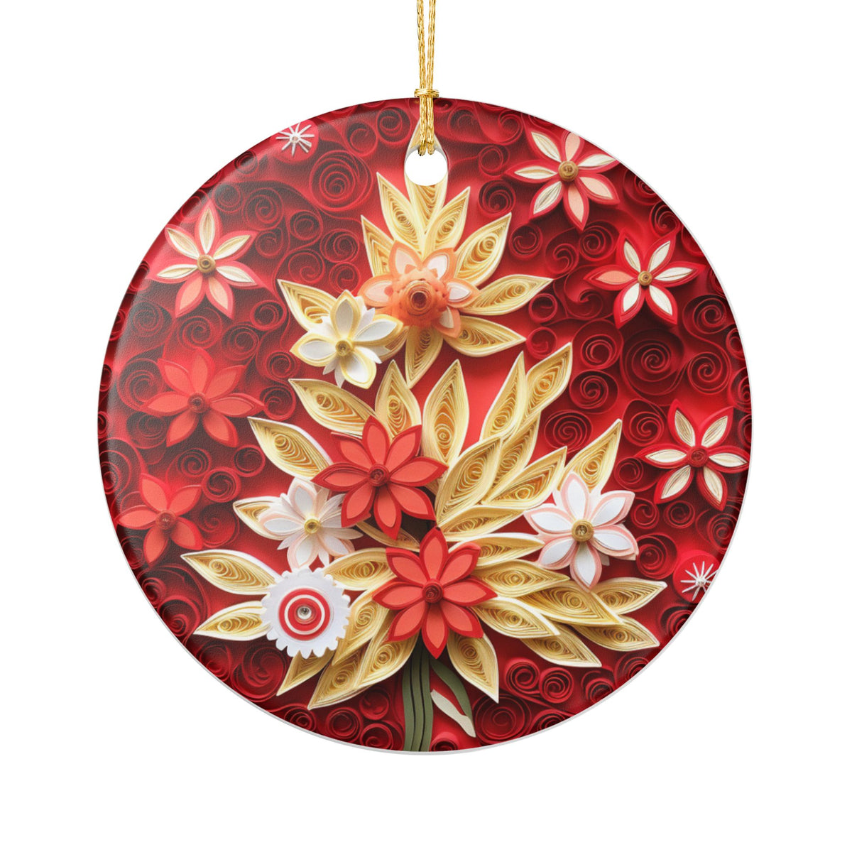 Red Floral Ceramic Christmas Ornament   Item #171096