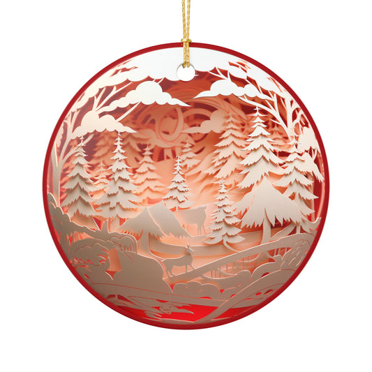 Red Ceramic Christmas Ornament with Forest Deer and Pine Trees   Item #941014