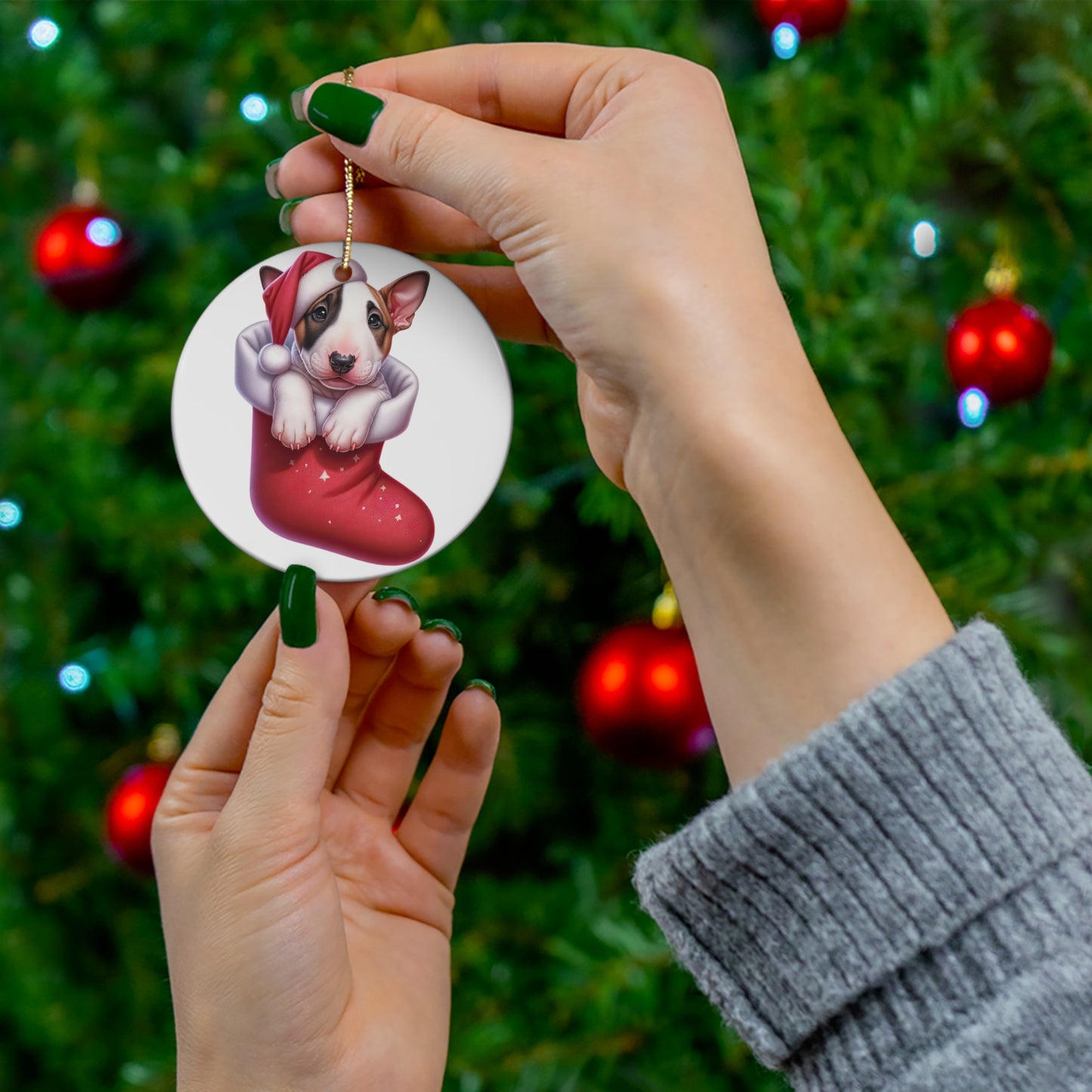 Bull Terrier Christmas Stocking Ceramic Disc Ornament      Item #7711245