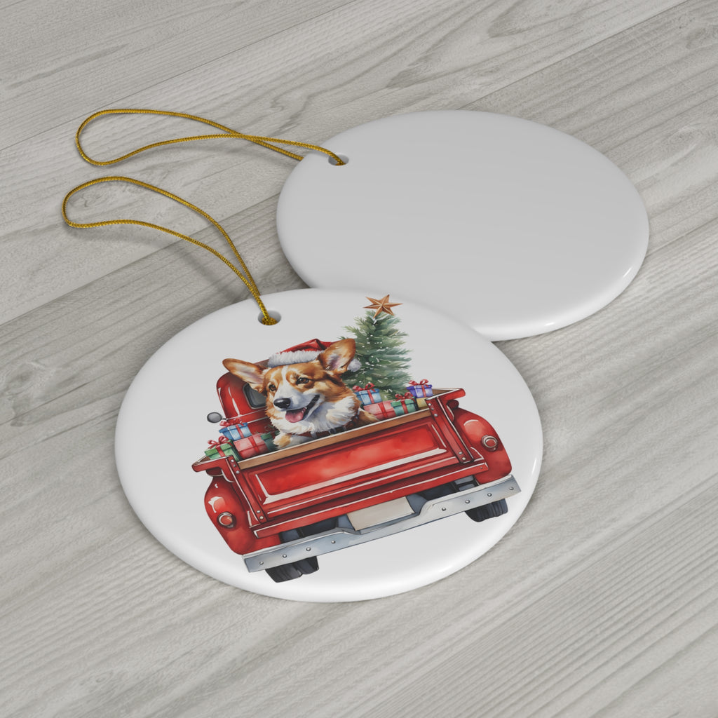 Pembroke Welsh Corgi Christmas Dog In Red Truck Ceramic Disc Ornament        Item #4304764