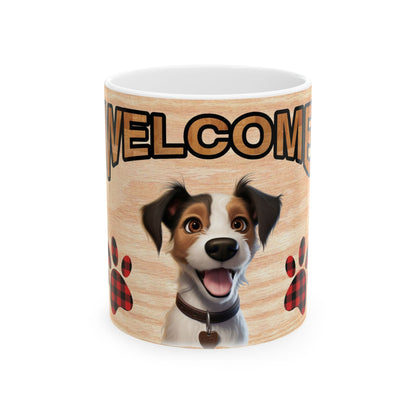 Welcome Dog Illustration Ceramic Mug – Cute Paw Print Coffee Cup 11oz    Item #192885