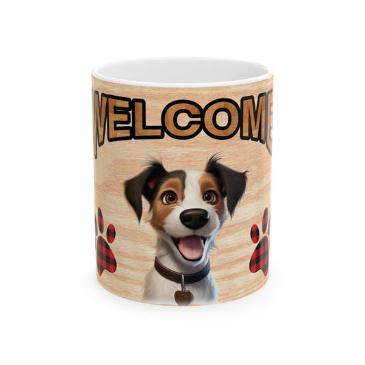 Welcome Dog Illustration Ceramic Mug – Cute Paw Print Coffee Cup 11oz    Item #192885