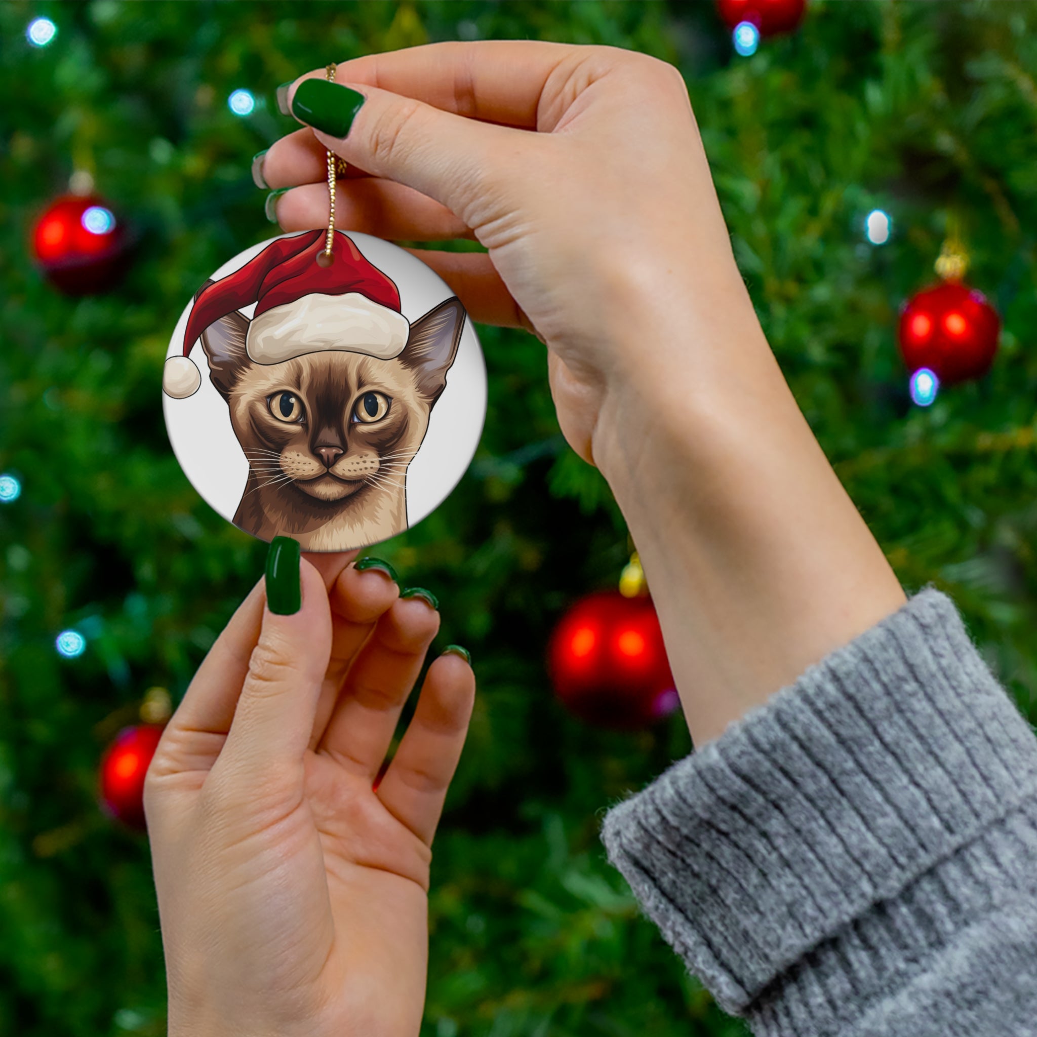 Ceramic Ornament - Tonkinese Cat With Santa Hat      Item #7497098