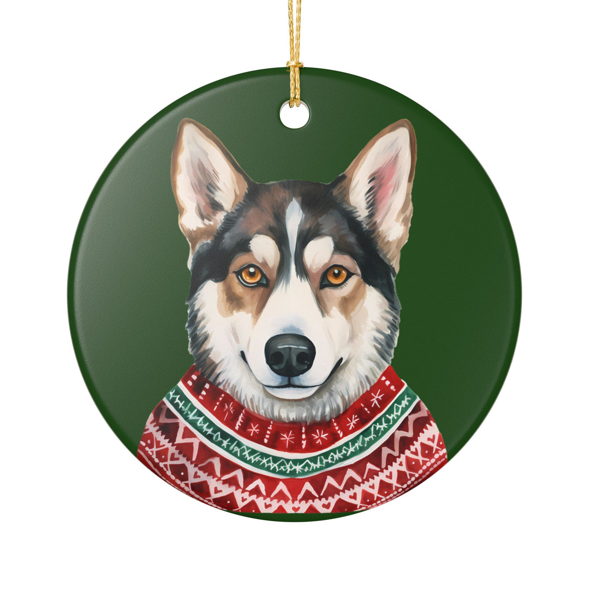 Ceramic Christmas Ornament – Siberian Husky in Festive Sweater   Item #116334