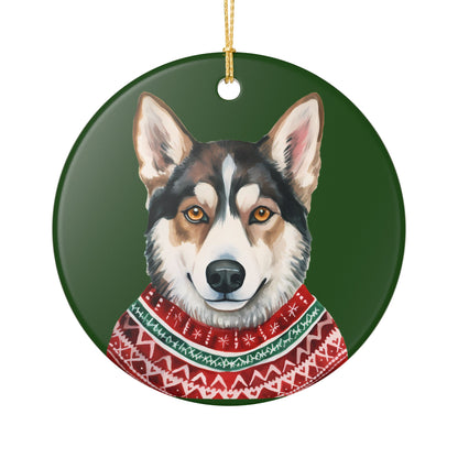 Ceramic Christmas Ornament – Siberian Husky in Festive Sweater   Item #116334