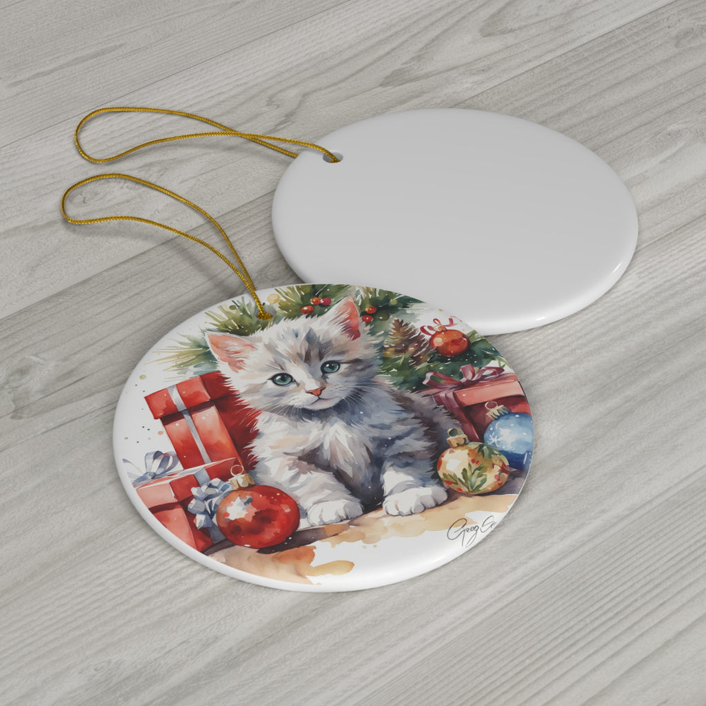 Christmas Cat Ceramic Disc Ornament      Item #71127