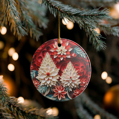 Floral Ceramic Ornament – Red and White Botanical Holiday Décor   Item #26187