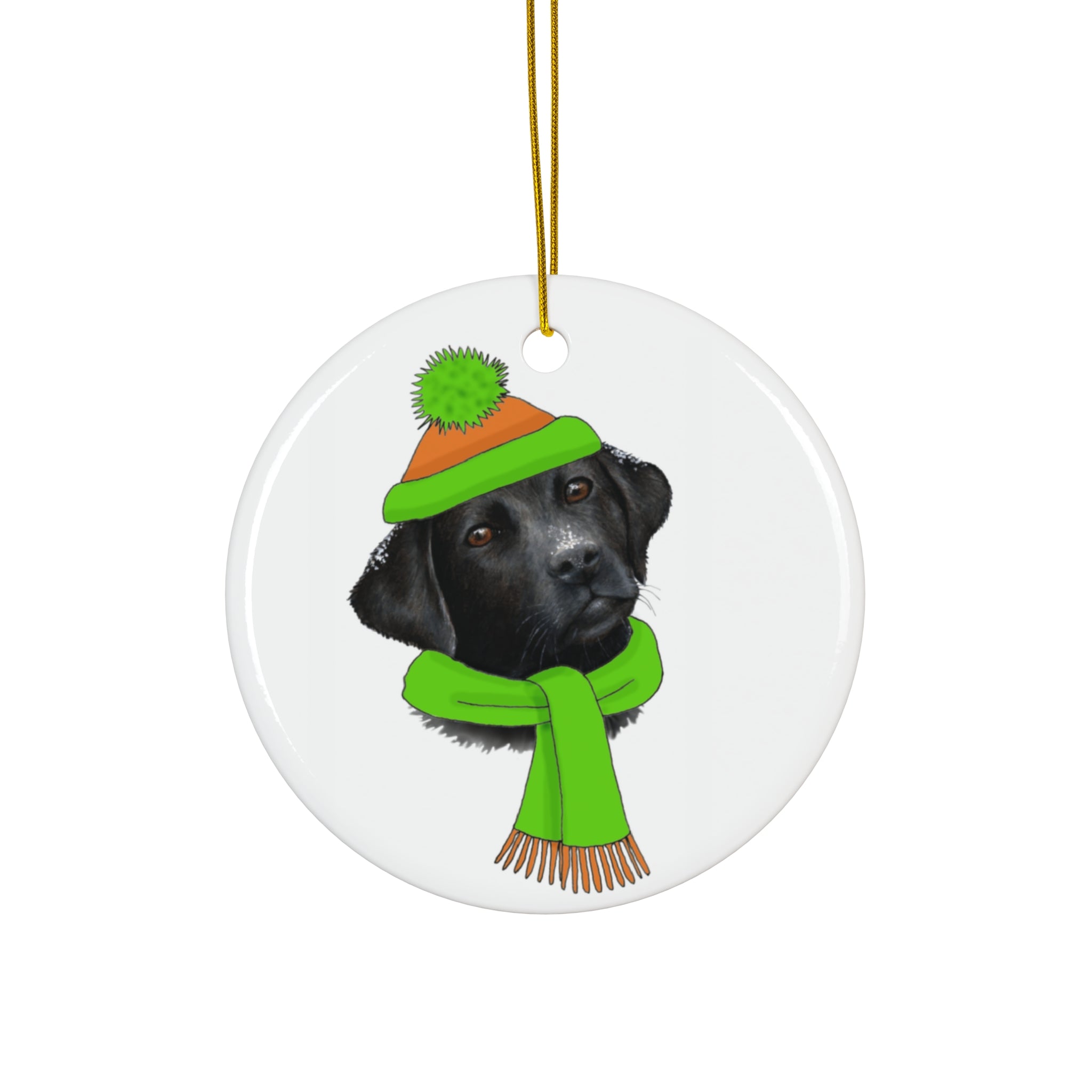 Lab In Green Winter Gear Ceramic Disc Ornament              Item #7759659 - Buckshot's Bargain Barn