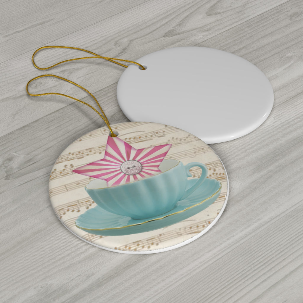 Christmas Tea Cup With Star Ceramic Disc Ornament           Item #2154883 - Buckshot's Bargain Barn