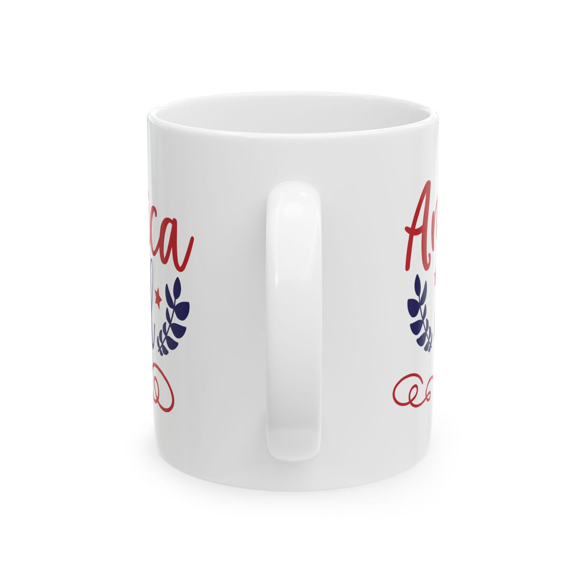 America Y'el Ceramic Mug — Patriotic Red & Blue Script Coffee Cup 11oz   Item #889411