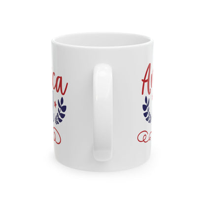 America Y'el Ceramic Mug — Patriotic Red & Blue Script Coffee Cup 11oz   Item #889411