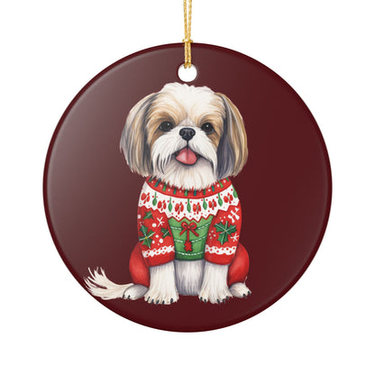Christmas Shih Tzu Dog in Festive Sweater Ceramic Ornament   Item #783447